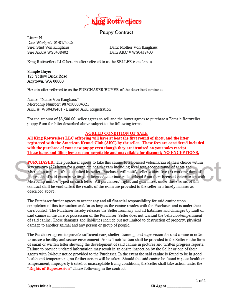King Rottweilers Puppy Contract Page 1