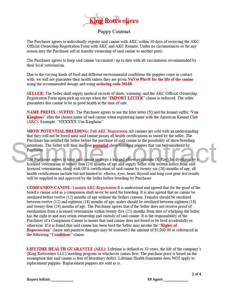 King Rottweilers Puppy Contract Page 2